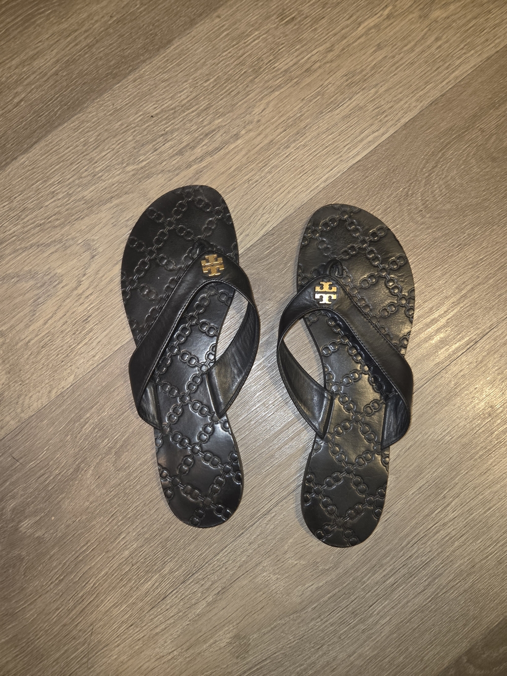 Tory Burch Black Logo-Embossed Leather Flip Flops
